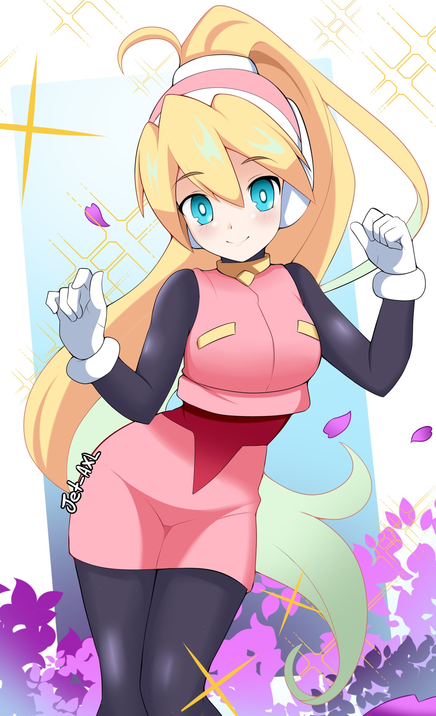 jetaxl tanuki, ciel (mega man), mega man (series), mega man zero (series), highres, 1girl, black bodysuit, blonde hair, blue eyes, bodysuit, high-waist skirt, high ponytail, long hair, pink hair, pink skirt, ponytail, skirt, solo
