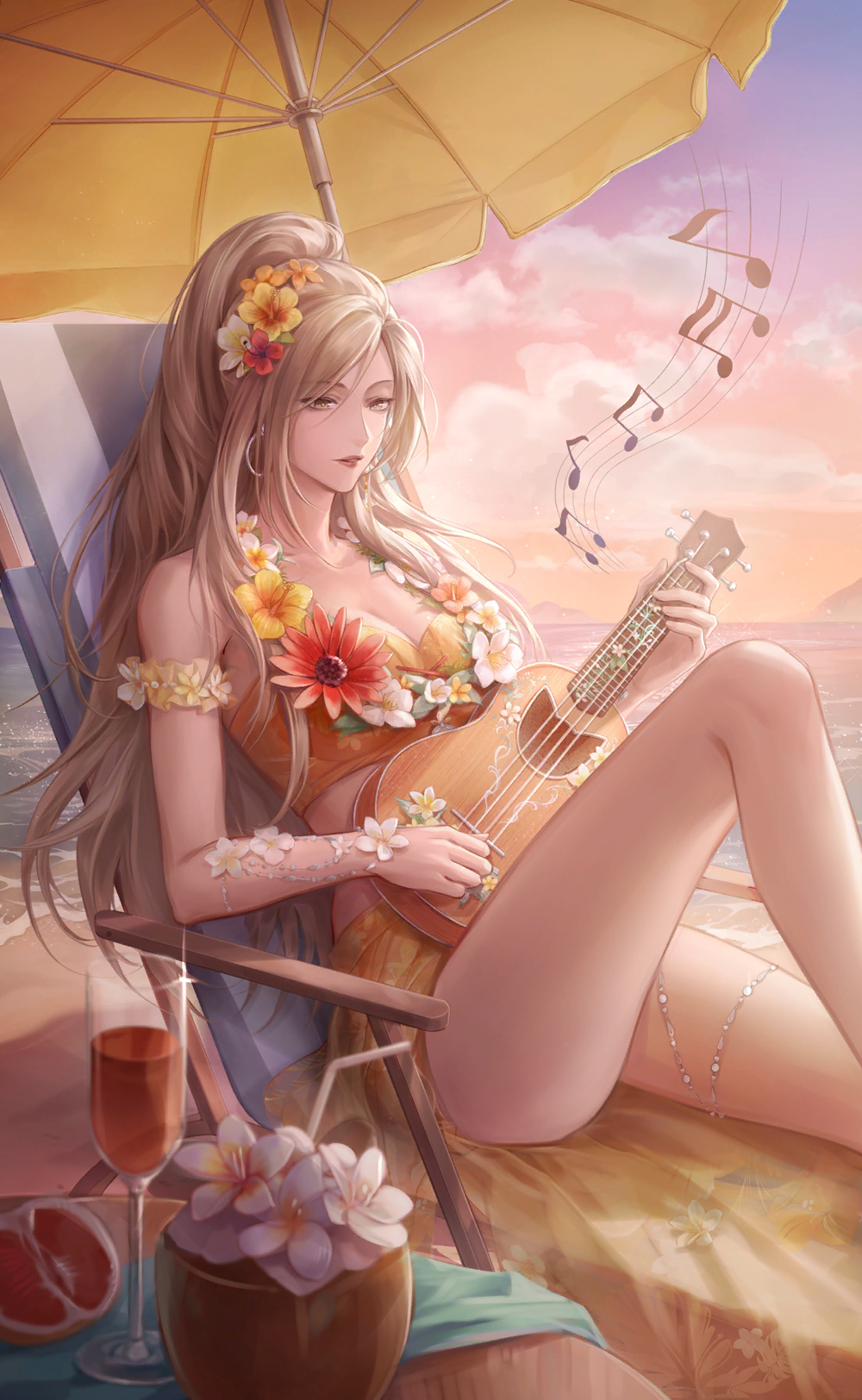 nikki (series), shining nikki, artist request, game cg, highres, official art, 1girl, alcohol, beach chair, beach umbrella, beads, bikini, breasts, brown eyes, brown hair, chair, champagne flute, cleavage, cloud, collarbone, cup, drinking glass, expressionless, feet out of frame, floral print, flower, flower necklace, food, frilled armlet, fruit, hair flower, hair ornament, hibiscus, high ponytail, instrument, jewelry, knee up, large breasts, long hair, looking ahead, music, musical note, musical staff, necklace, ocean, on chair, orange bikini, orange flower, orange sky, parted lips, playing instrument, pleasant breeze (shining nikki), pomegranate, ponytail, red flower, sidelocks, sitting, sky, solo, stomach, sunflower, swimsuit, thighs, ukulele, umbrella, very long hair, white flower, wine, yellow flower