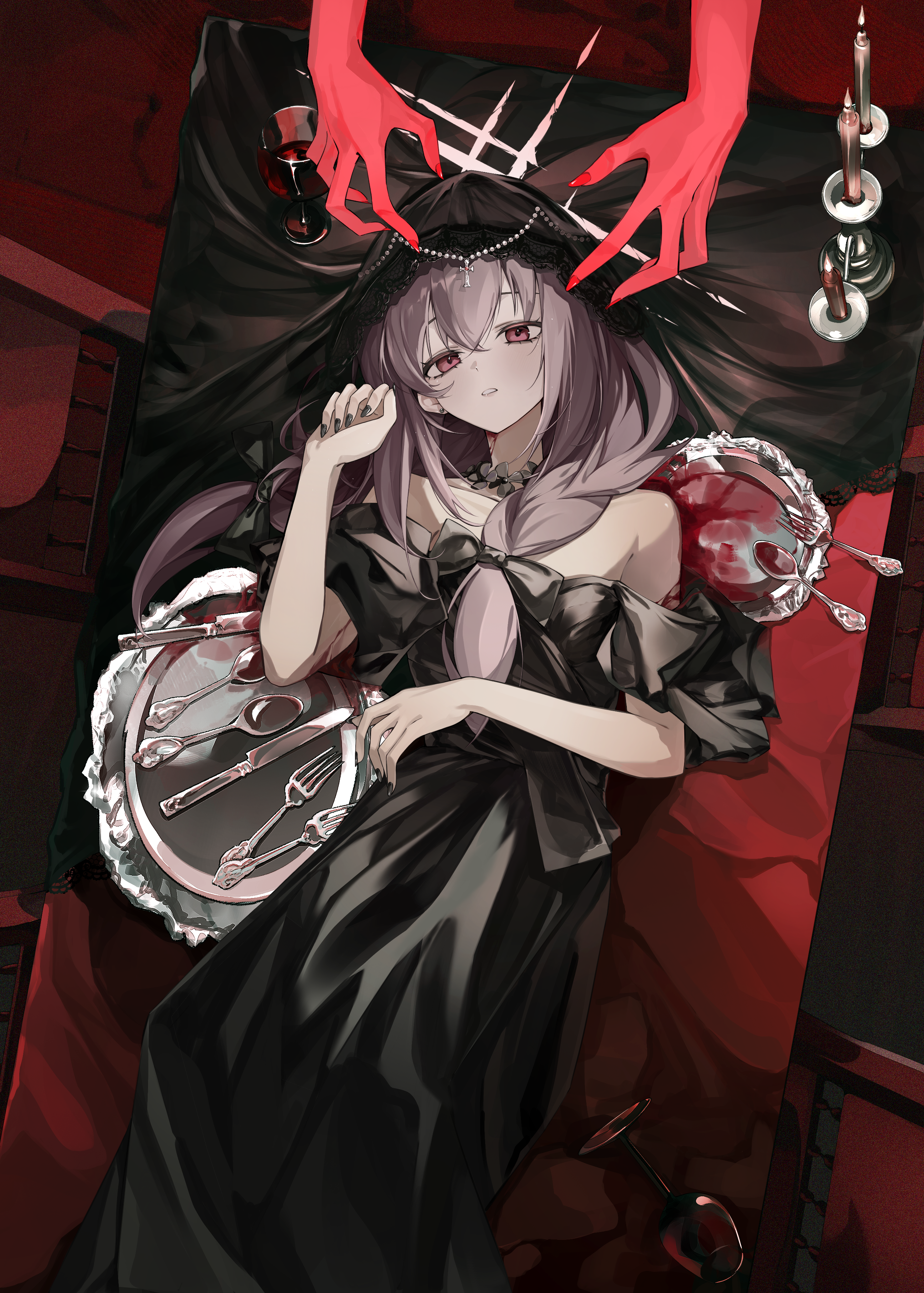 devid (devis515333), atsuko (blue archive), blue archive, absurdres, highres, 1girl, alternate costume, black dress, black nails, black veil, blood, dress, earrings, hair between eyes, halo, jewelry, long braid, long hair, looking at viewer, lying, on back, on table, parted lips, purple hair, red eyes, solo, stud earrings, table, veil, white halo
