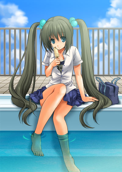 kagetsu suzu, original, 1girl, bag, barefoot, blue eyes, brown hair, cloud, day, feet, female focus, food, head tilt, long hair, looking at viewer, outdoors, pleated skirt, pool, poolside, popsicle, railing, ripples, school uniform, serafuku, sitting, skirt, sky, soaking feet, solo, twintails, very long hair, water
