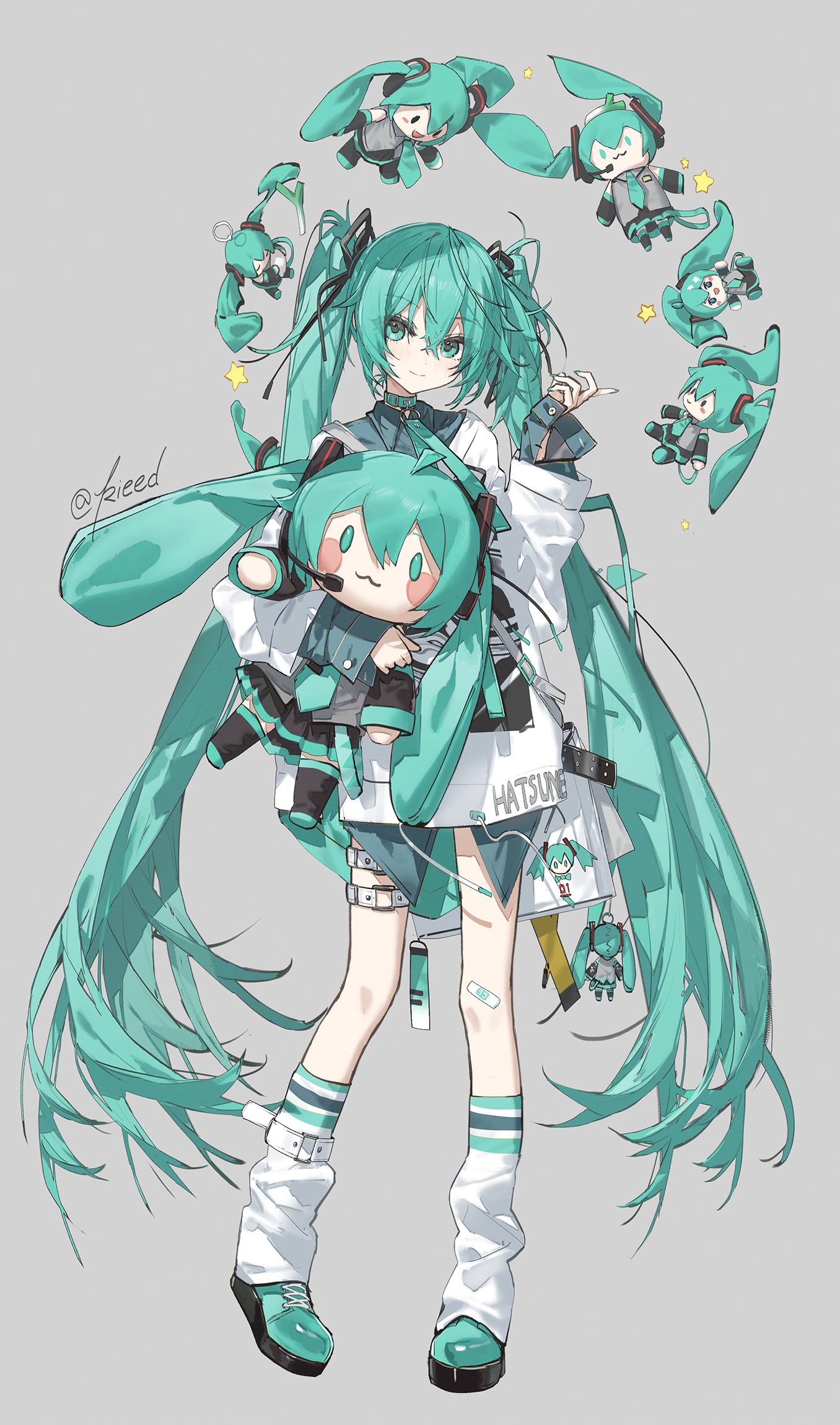 fuwapuchi, kieed, hatsune miku, vocaloid, commentary, highres, 1girl, :3, aqua eyes, aqua hair, aqua nails, aqua necktie, aqua ribbon, bandaid, bandaid on leg, belt, character doll, closed mouth, doll, drop shadow, feet out of frame, hair between eyes, heart, holding, long hair, long sleeves, looking at viewer, miku day, necktie, ribbon, shadow, shirt, simple background, smile, socks, solo, spring onion, star (symbol), stuffed toy, thigh strap, twintails, twitter username, very long hair, white background