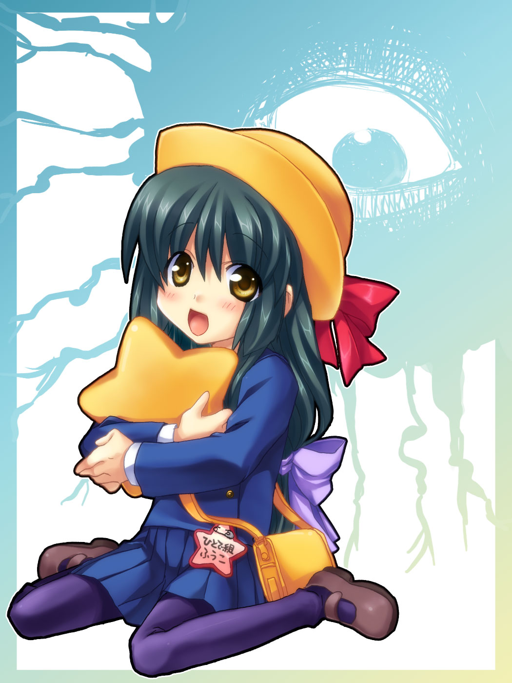 satomi yoshitaka, backbeard, ibuki fuuko, clannad, gegege no kitarou, highres, 00s, 1girl, creepy, crossover, female focus, hat, horror (theme), kindergarten, looking at viewer, miniskirt, monster, pantyhose, school hat, school uniform, serafuku, sitting, skirt, solo, wariza