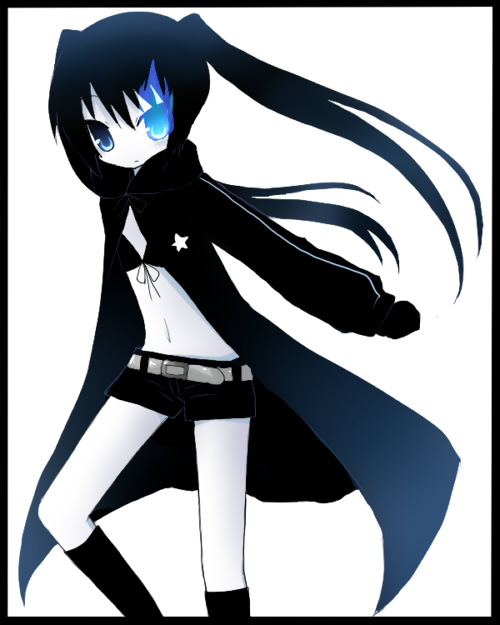 yuzuki (yuduame), black rock shooter (character), hatsune miku, black rock shooter, vocaloid, 10s, 1girl, female focus, midriff, navel, shorts, solo