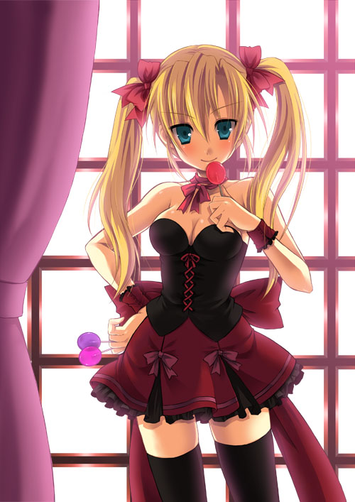 kagetsu suzu, original, 1girl, blonde hair, blue eyes, bow, breasts, candy, cleavage, female focus, food, gothic lolita, hair bow, hair ribbon, lolita fashion, lollipop, long hair, ribbon, small breasts, solo, thighhighs, twintails, zettai ryouiki