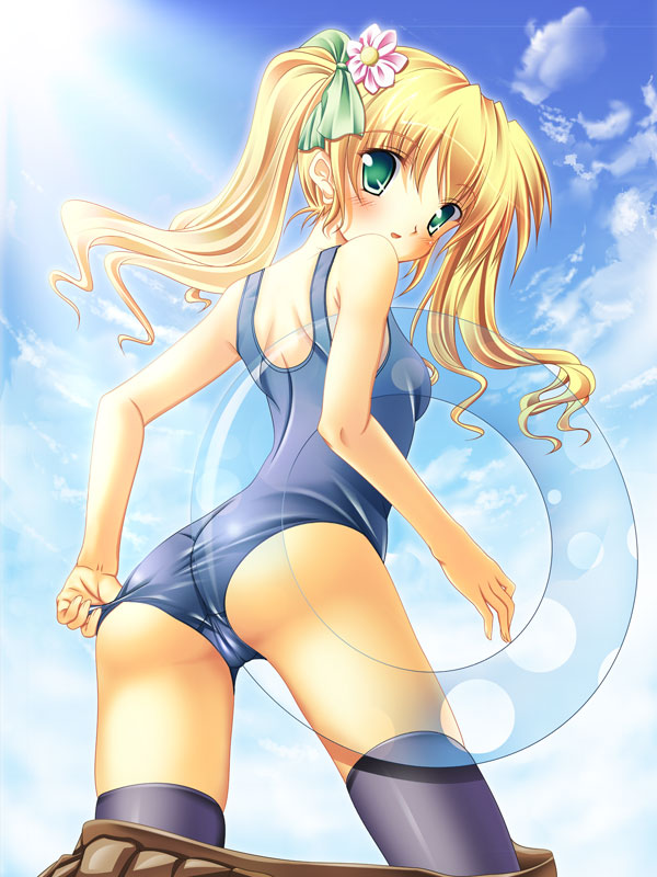 momo at ten, original, 1girl, adjusting clothes, adjusting swimsuit, back, blonde hair, cloud, day, female focus, flower, green eyes, hair flower, hair ornament, hair ribbon, innertube, long hair, looking back, one-piece swimsuit, ribbon, school swimsuit, sky, solo, swim ring, swimsuit, thighhighs, twintails