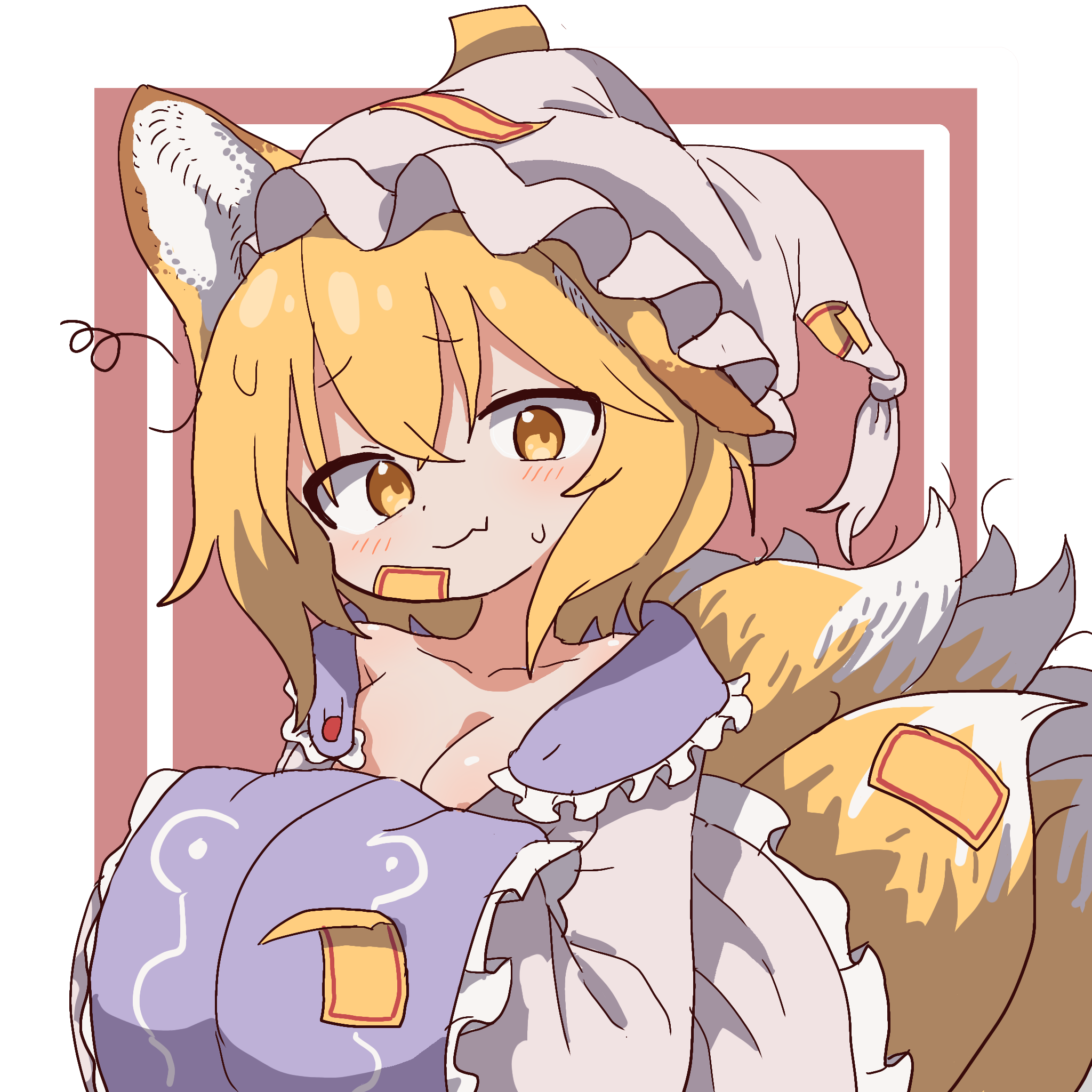 magg (user mtca8588), yakumo ran, touhou, highres, 1girl, animal ears, blonde hair, blush, breasts, cleavage, collarbone, fang, fox ears, fox girl, fox tail, hat, kitsune, kyuubi, large breasts, loose clothes, medium hair, multiple tails, ofuda, ofuda on clothes, ofuda on head, own hands together, skin fang, smile, solo, tail, yellow eyes