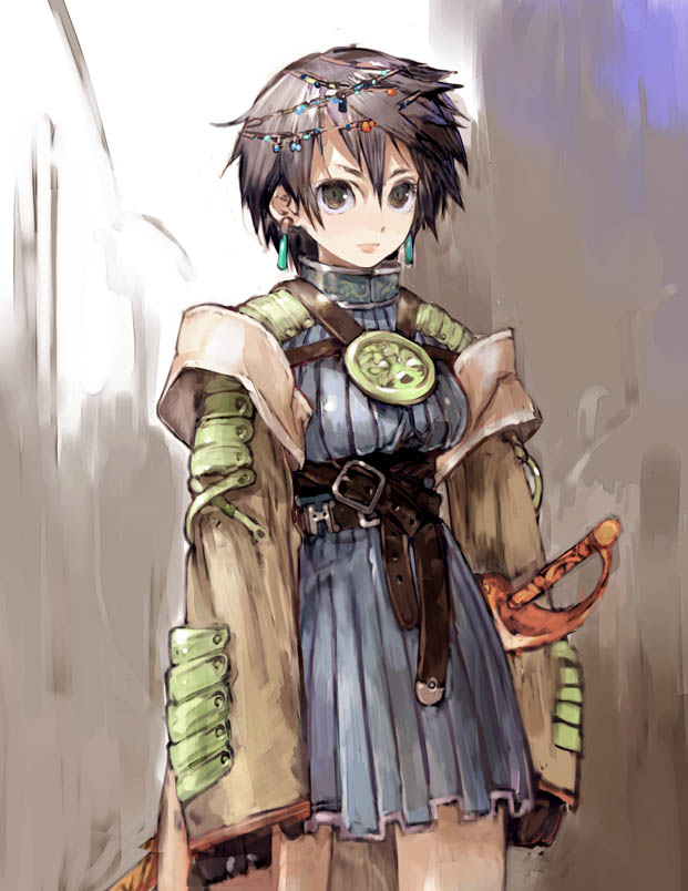 humi, toi8, layna, layna (soul cradle), nippon ichi, soul cradle, 1girl, belt, earrings, female focus, hair ornament, jewelry, leather, solo, strap, sword, weapon