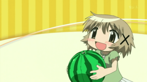 yuno (hidamari sketch), hidamari sketch, animated, animated gif, anime screenshot, lowres, non-web source, 00s, 1girl, ball, beachball, food, food print, fruit, fruit print, holding, holding food, holding fruit, holding watermelon, perspective, watermelon, watermelon print