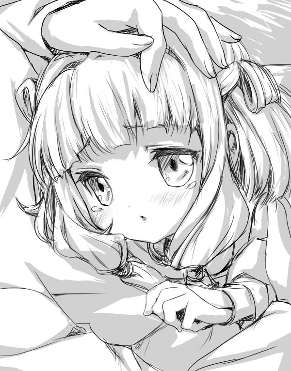 2-g, tianzi, code geass, 00s, 1girl, :o, blush, child, cuddling, greyscale, hand on another's head, monochrome, sketch, tears