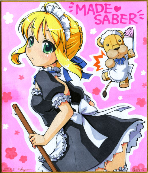 manjiduka, artoria pendragon (fate), saber (fate), fate/stay night, fate (series), bad id, bad pixiv id, colored pencil (medium), marker (medium), millipen (medium), pen (medium), traditional media, 00s, ahoge, blonde hair, blush, english text, engrish text, green eyes, maid, official alternate costume, ranguage, ribbon, shikishi, solo