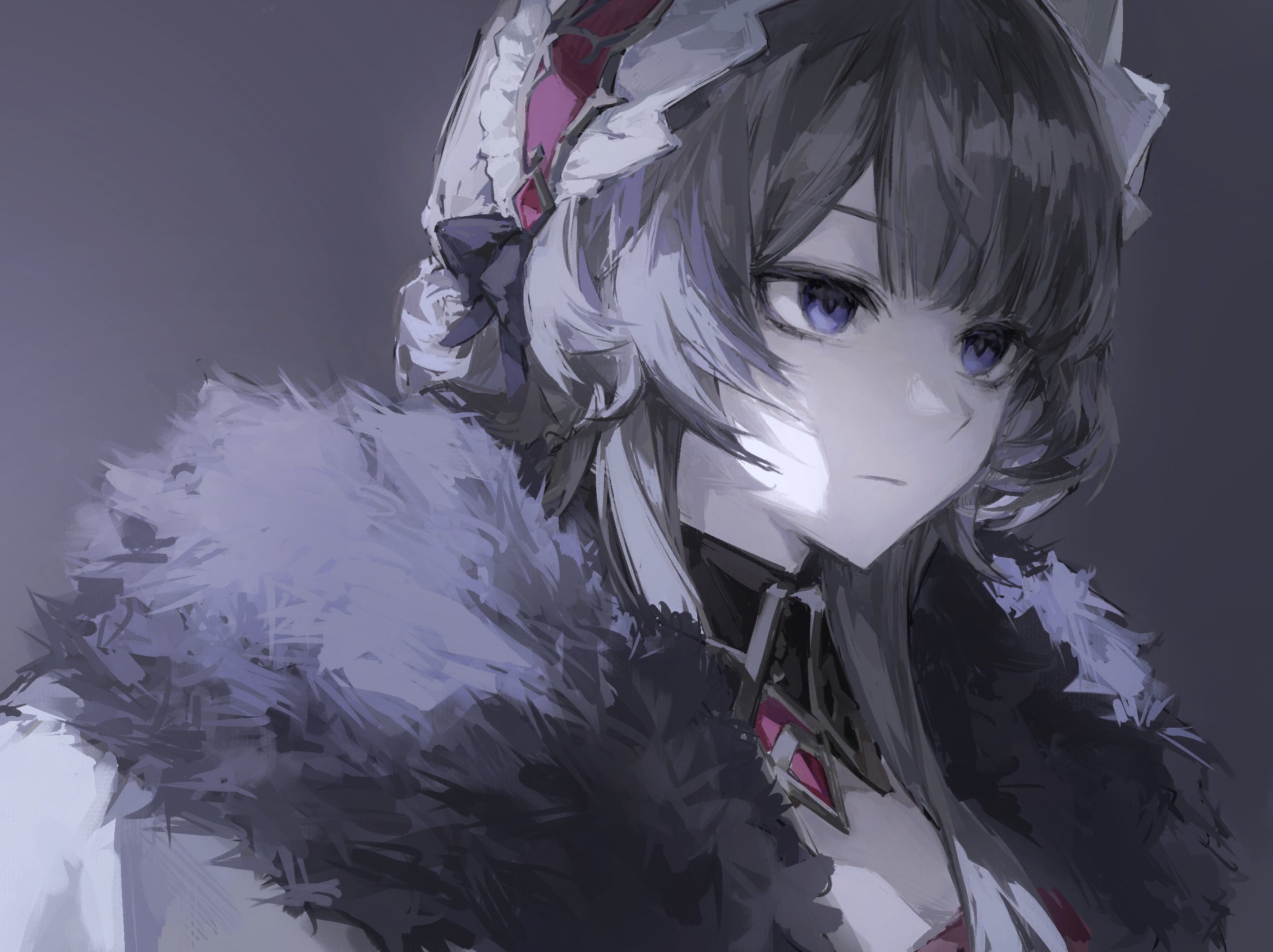 momorin 0808, sandrone (genshin impact), genshin impact, hashtag-only commentary, highres, 1girl, blunt bangs, expressionless, fur trim, grey background, grey hair, hair bun, looking ahead, parted lips, portrait, purple eyes, sidelocks, simple background, solo