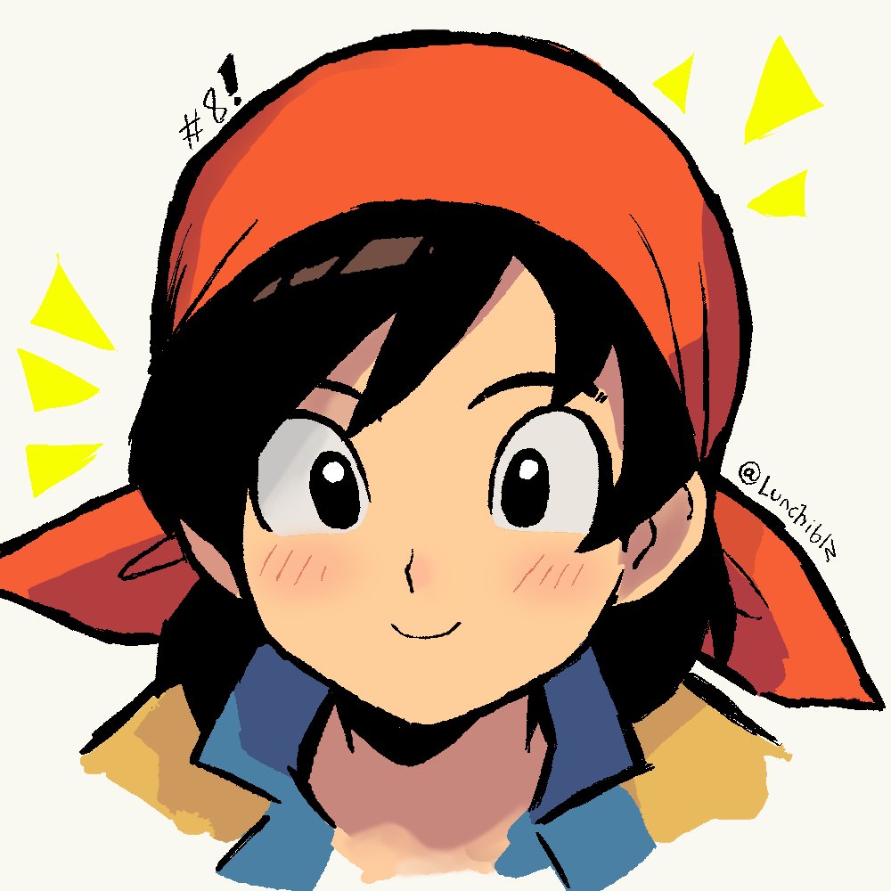 lunchiblz, hero (dq8), dragon quest, dragon quest viii, 1boy, bandana, black eyes, black hair, blush, closed mouth, looking at viewer, orange bandana, smile, white background