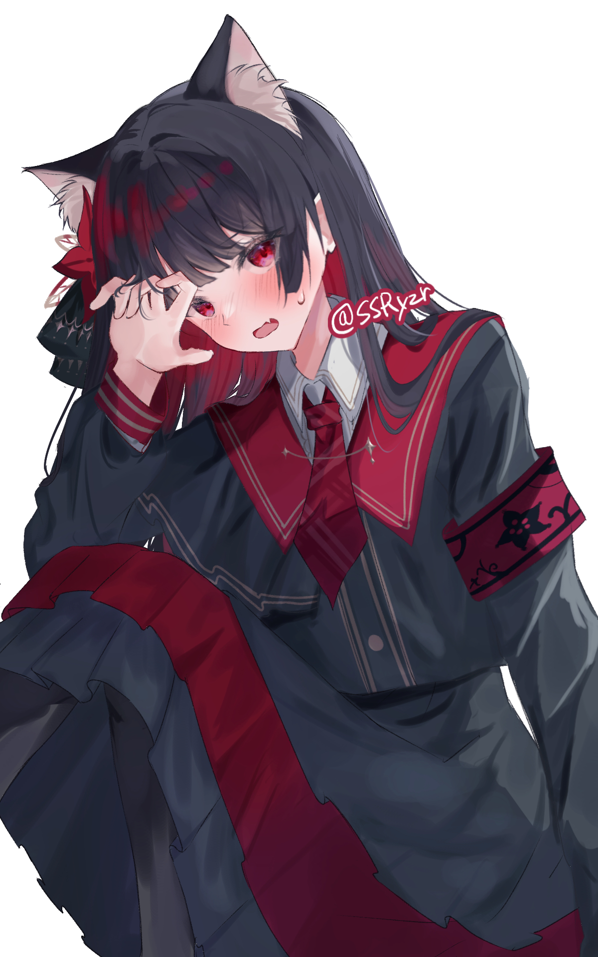yozora (ssryzr), nikaidou hiro, mahou shoujo no majo saiban, commentary request, highres, 1girl, animal ear fluff, animal ears, armband, black capelet, black hair, black serafuku, black shirt, black skirt, blunt bangs, capelet, cat ears, cat girl, collared shirt, embarrassed, feet out of frame, flower, hair flower, hair ornament, hand up, kemonomimi mode, knees up, long hair, long sleeves, looking at viewer, magical girl, necktie, open mouth, pleated skirt, red armband, red eyes, red flower, red necktie, school uniform, serafuku, shirt, simple background, sitting, skirt, solo, sweatdrop, twitter username, white background, white shirt