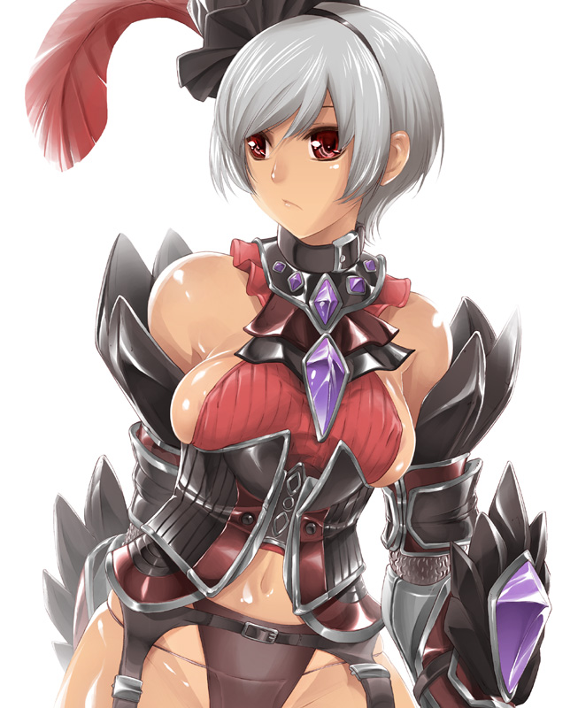 thomasz, capcom, monster hunter (series), silver hair, 1girl, armor, bare shoulders, breasts, collar, dark-skinned female, dark skin, detached sleeves, feathers, female focus, frown, garter belt, gem, groin, hairband, hat, large breasts, midriff, navel, no bra, panties, red eyes, shiny skin, short hair, sideboob, solo, underwear