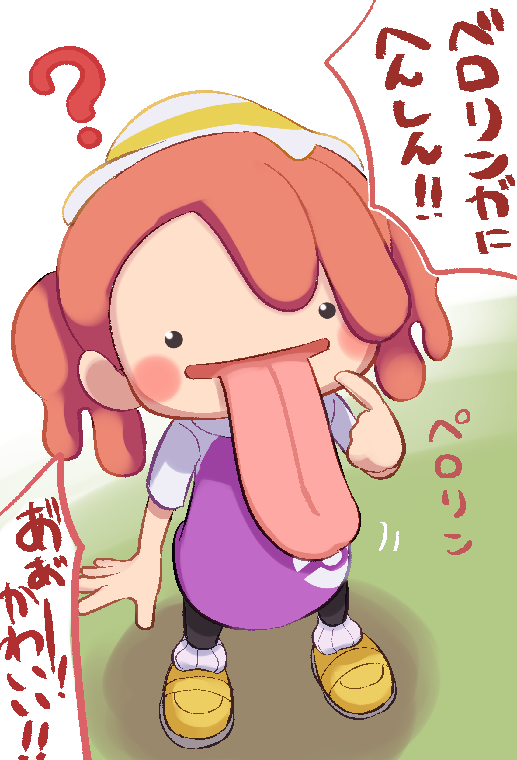 grief loss, ditto, female protagonist (pokemon pokopia), nintendo, pokemon, pokemon pokopia, absurdres, commentary, highres, translated, . ., 1girl, ?, black pantyhose, blush stickers, from above, gen 1 pokemon, grass, hat, long tongue, monster girl, on ground, open mouth, pantyhose, pink hair, pointing, pointing at self, pokemon (creature), purple shirt, shirt, shoes, short sleeves, short twintails, slime girl, socks, solo, speech bubble, standing, tongue, tongue out, twintails, yellow shoes