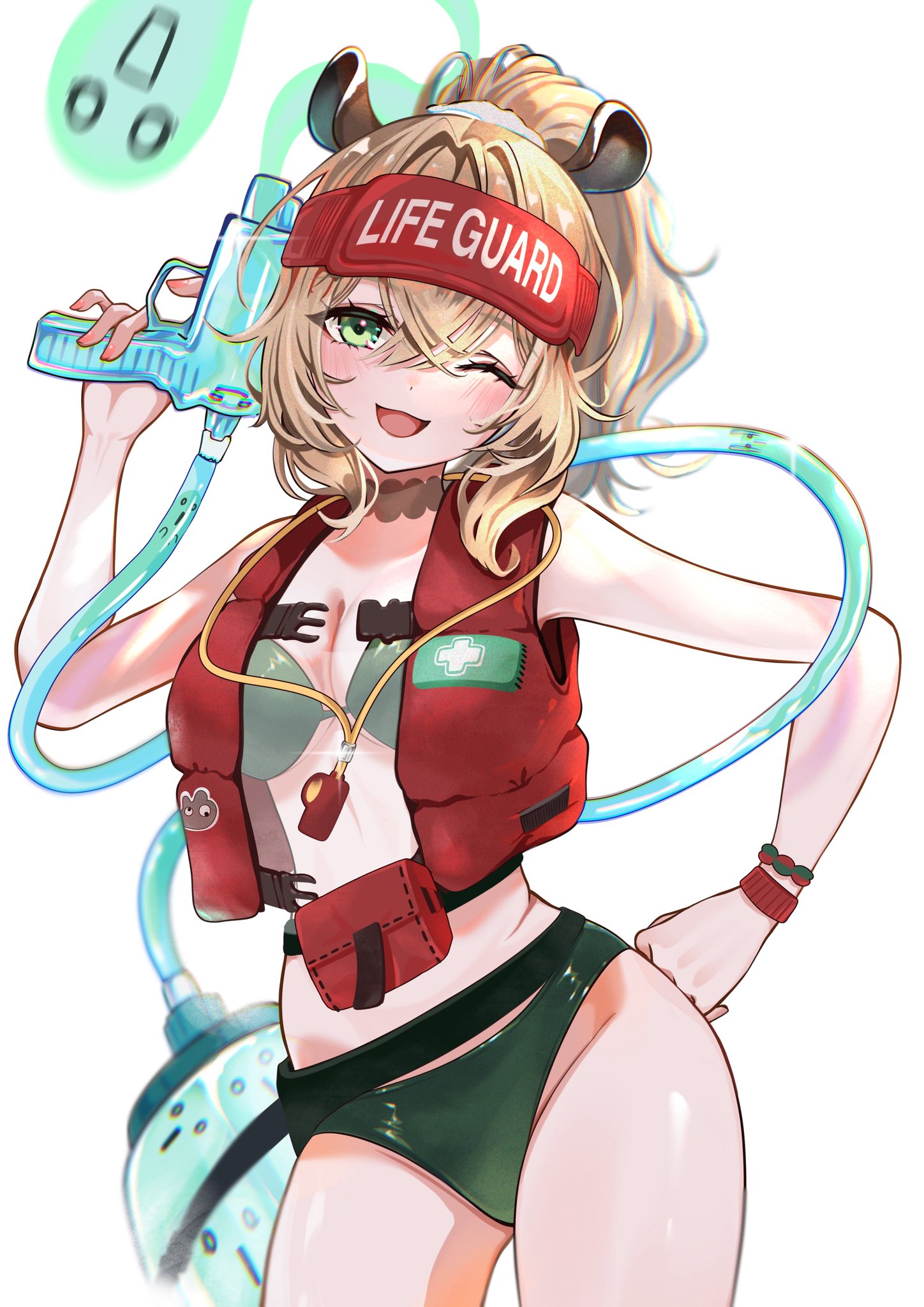 mishima nina, naplings (nimi nightmare), nimi nightmare, nimi nightmare (lifeguard), indie virtual youtuber, highres, 1girl, animal ears, belt pouch, bikini, blonde hair, bracelet, cowboy shot, crossed bangs, double-parted bangs, green bikini, green eyes, hair between eyes, hand up, high ponytail, holding, holding weapon, jewelry, life vest, lifeguard, looking at viewer, official alternate costume, one eye closed, ponytail, pouch, red bag, red nails, red vest, red visor, see-through clothes, standing, swimsuit, tank top, tapir ears, tapir girl, vest, virtual youtuber, visor cap, water gun, water tank, weapon, whistle, white background