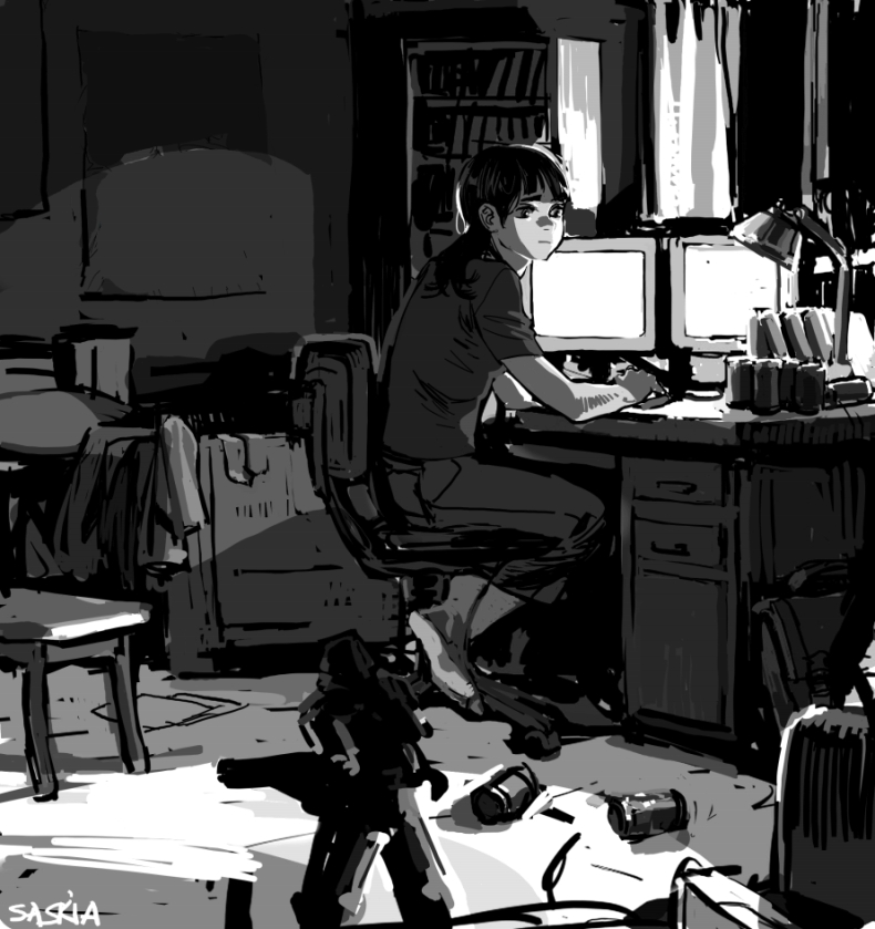 saskia gutekunst, original, 1girl, black hair, computer, computer keyboard, female focus, greyscale, monochrome, neet, solo