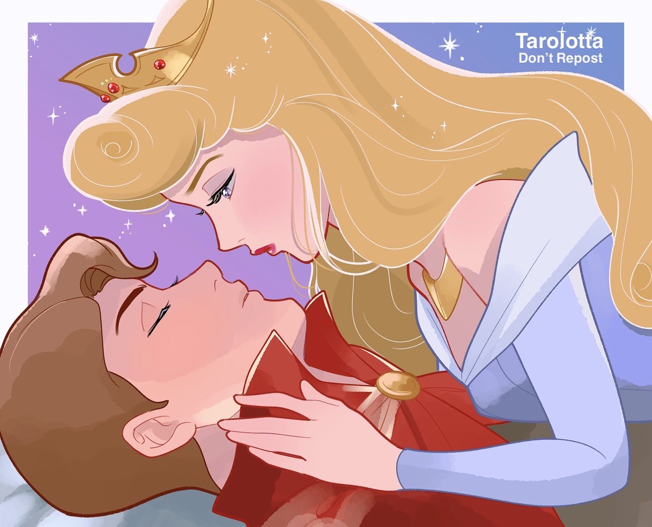 tarolotta, aurora (disney), phillip (disney), sleeping beauty (disney), 1boy, 1girl, animification, blonde hair, blue eyes, brown hair, dress, hetero, jewelry, long hair, long sleeves, makeup, prince, princess, red lips, role reversal, short hair, smile, tiara
