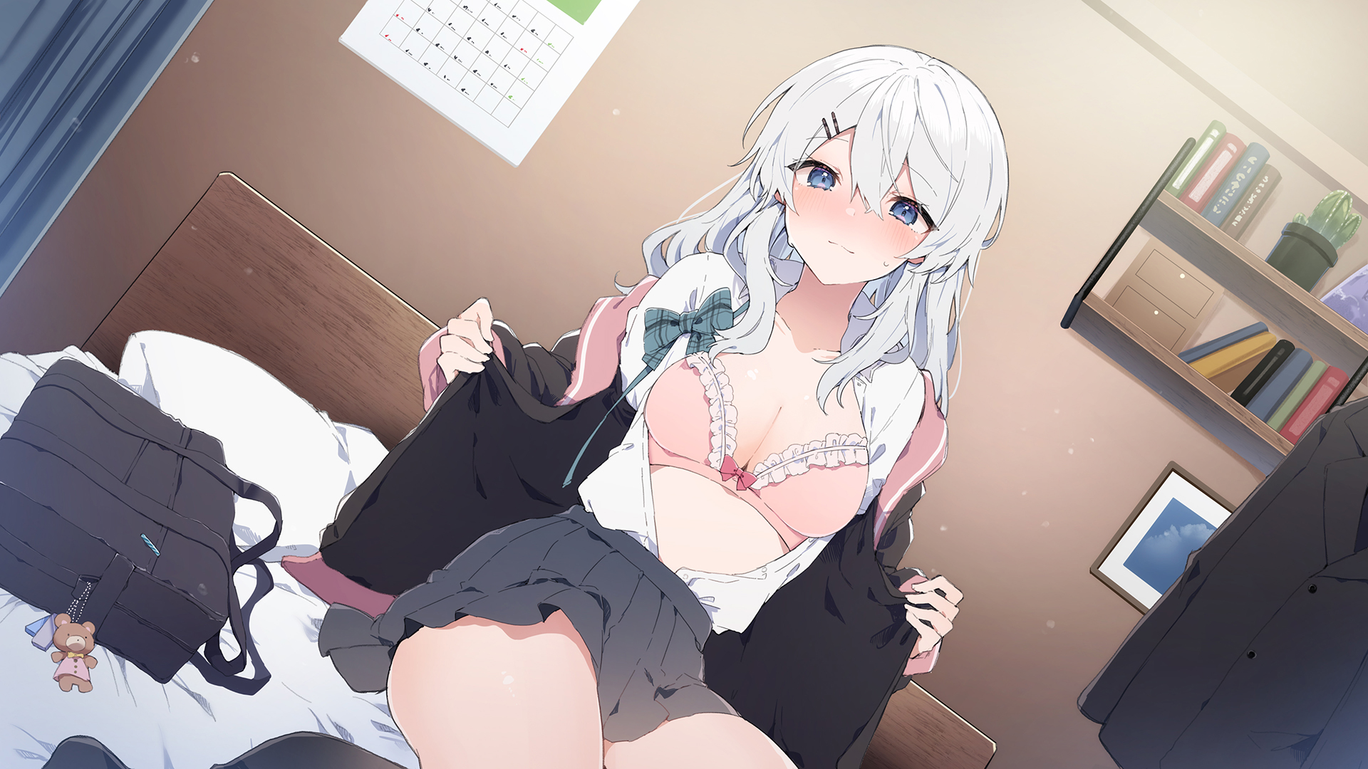 ikeuchi tanuma, original, blue eye, highres, non-web source, 1girl, bag, bag charm, bed, bed sheet, bedroom, black copat, black jacket, black skirt, blush, bra, breasts, calendar (object), charm (object), cleavage, closed mouth, collarbone, collared shirt, crossed bangs, curtains, frilled bra, frills, hair between eyes, hood, hooded coat, indoors, jacket, large breasts, long hair, long sleeves, looking at viewer, on bed, open clothes, open shirt, picture frame, pillow, pink bra, pleated skirt, school bag, school uniform, shelf, shirt, sidelocks, sitting, skirt, smile, solo, underwear, undressing, unworn jacket, white hair, white shirt