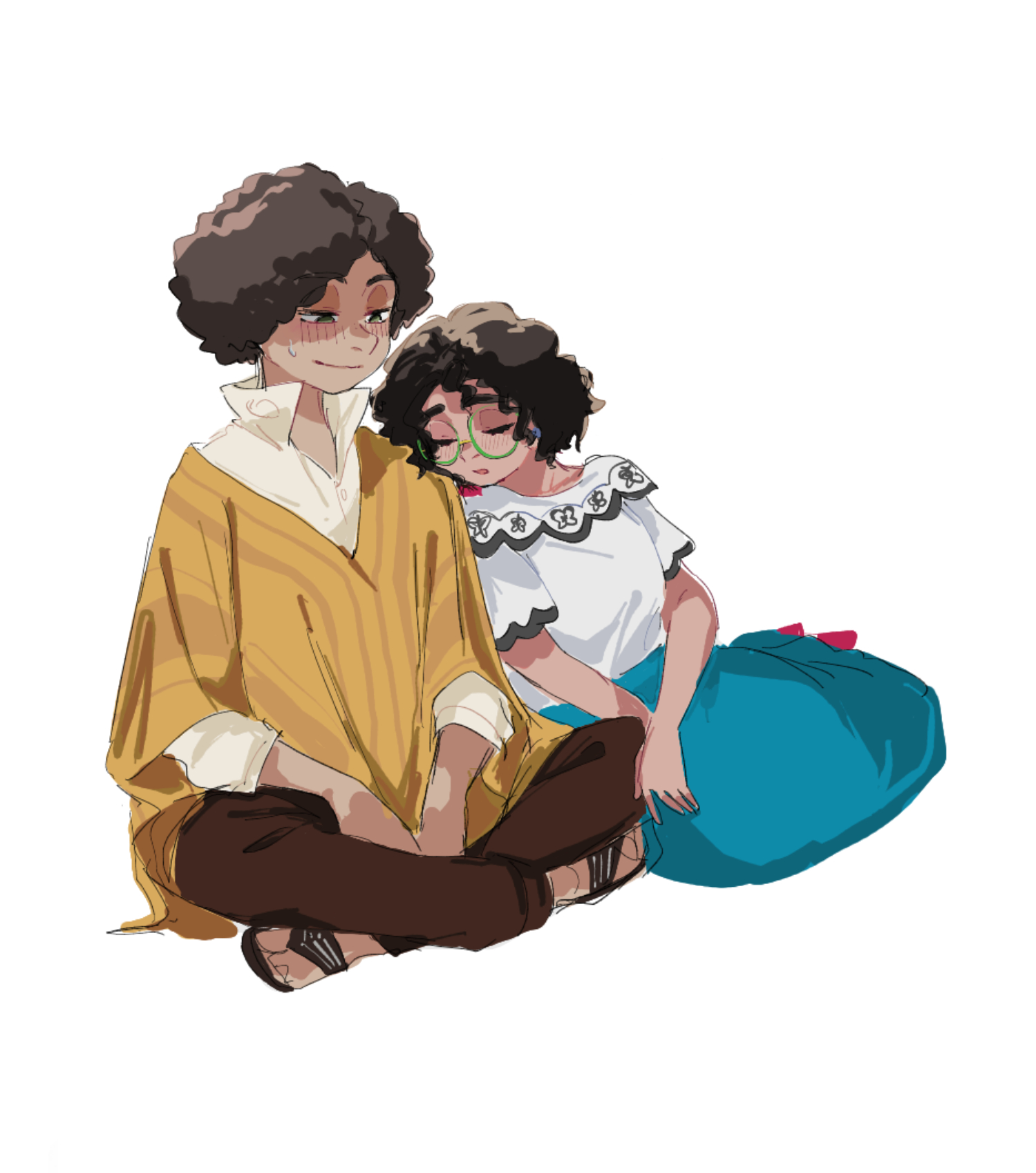 camilo madrigal, mirabel madrigal, encanto, highres, 1boy, 1girl, afro, arepa, brown eyes, brown hair, colombian clothes, curly hair, dark-skinned female, dark-skinned male, dark skin, earrings, green-framed eyewear, jewelry, shirt, short hair, simple background, skirt, white shirt, yellow poncho, yumemaru