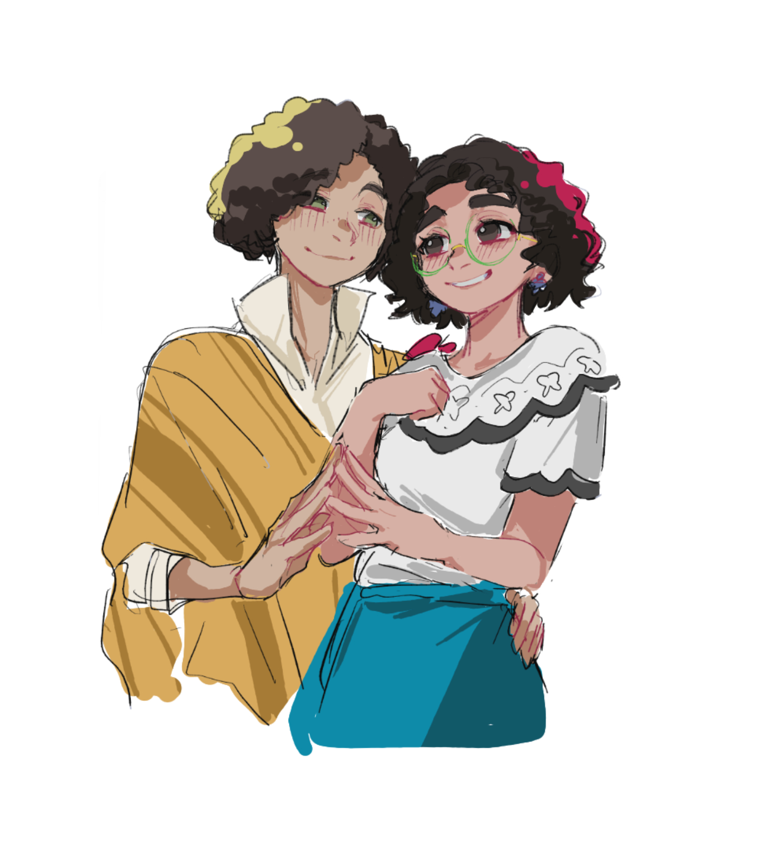 camilo madrigal, mirabel madrigal, encanto, highres, 1boy, 1girl, afro, arepa, brown eyes, brown hair, colombian clothes, curly hair, dark-skinned female, dark-skinned male, dark skin, earrings, green-framed eyewear, jewelry, shirt, short hair, simple background, skirt, white shirt, yellow poncho, yumemaru
