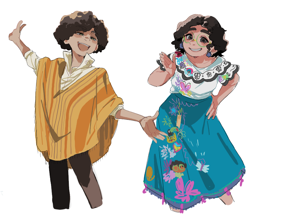 camilo madrigal, mirabel madrigal, encanto, 1boy, 1girl, afro, arepa, brown eyes, brown hair, colombian clothes, curly hair, dark-skinned female, dark-skinned male, dark skin, earrings, green-framed eyewear, jewelry, shirt, short hair, simple background, skirt, white shirt, yellow poncho, yumemaru