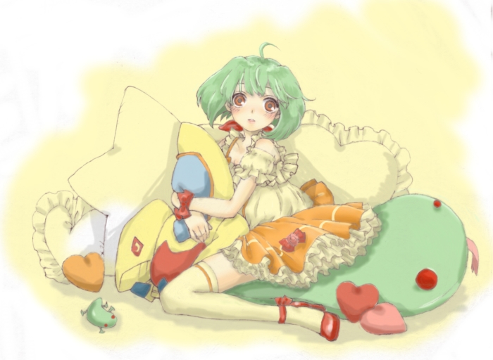 ranka lee, macross, macross frontier, 00s, 1girl, blush, female focus, frilled pillow, frills, green hair, heart, heart-shaped pillow, pillow, red eyes, short hair, solo, star (symbol)
