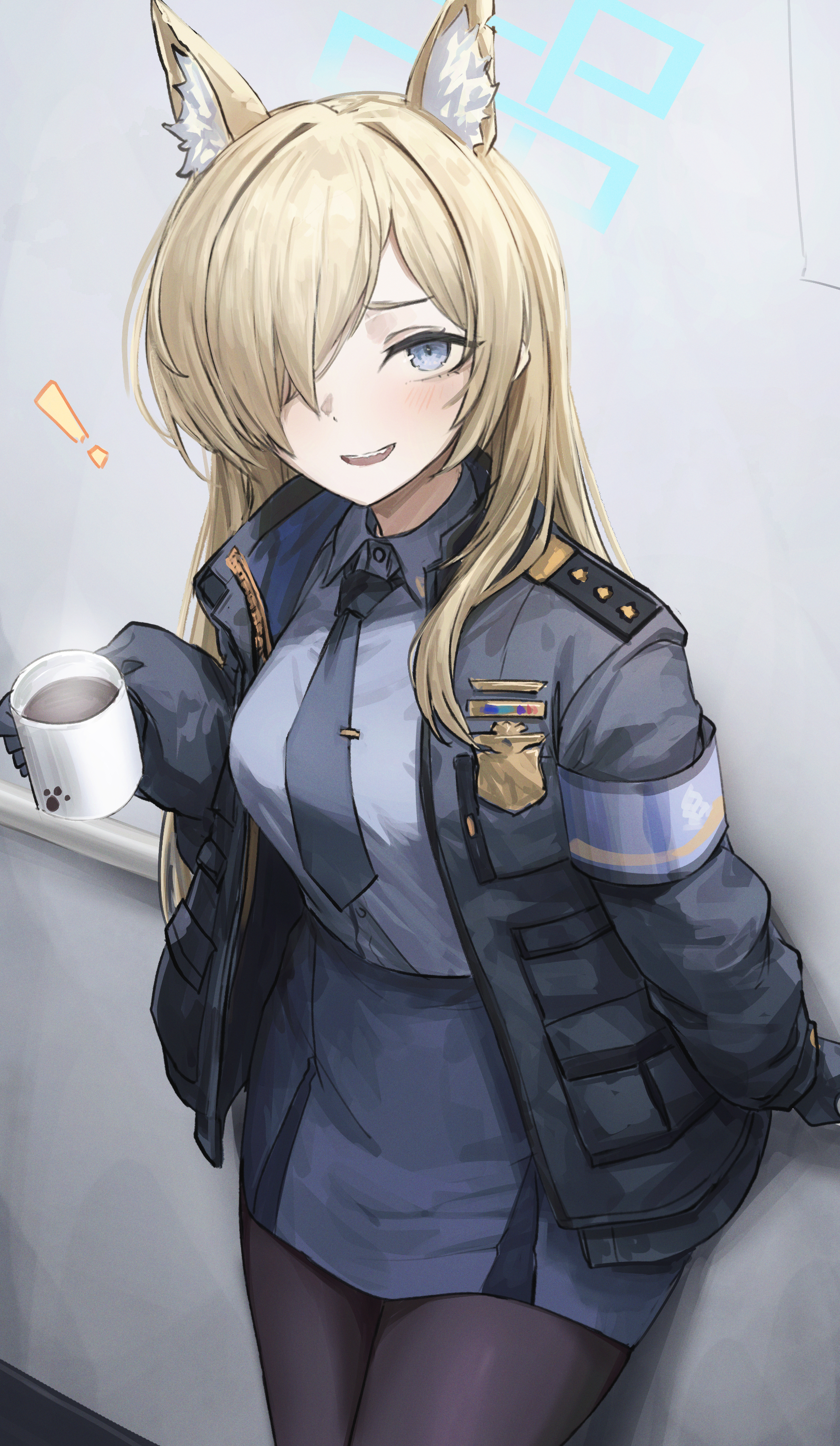 gabang, kanna (blue archive), blue archive, absurdres, highres, 1girl, animal ear fluff, animal ears, black gloves, black jacket, black pantyhose, blonde hair, blue eyes, blue halo, blue necktie, blue shirt, blue skirt, blush, coffee, coffee mug, cup, dog ears, dog girl, gloves, hair over one eye, halo, holding, holding cup, jacket, long hair, looking at viewer, mug, necktie, open mouth, pantyhose, shirt, skirt, solo