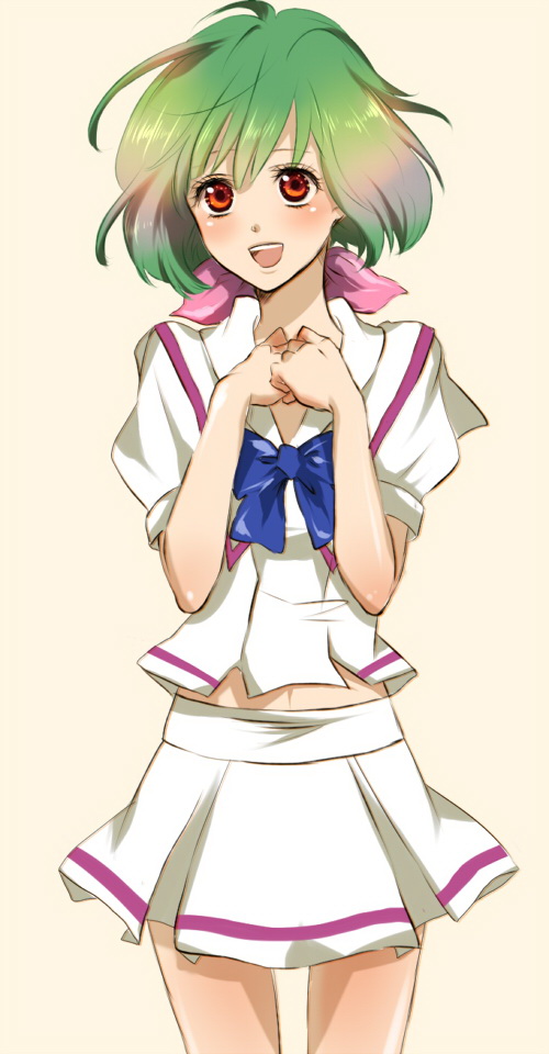 ranka lee, macross, macross frontier, 00s, blush, green hair, red eyes, school uniform, serafuku, solo