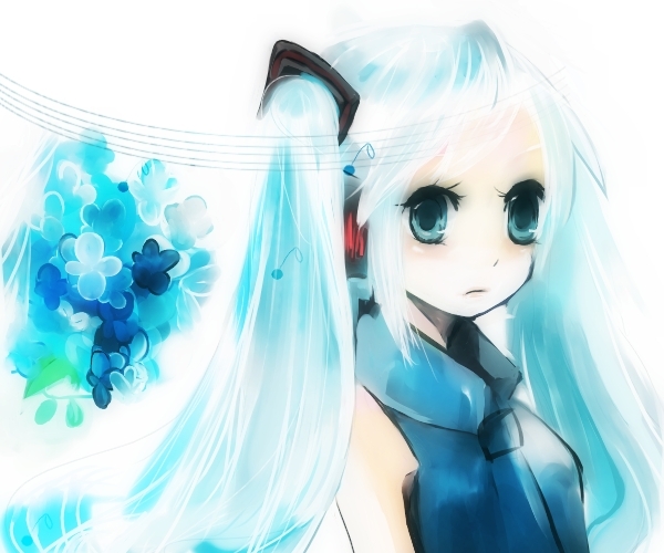 sorakusa roya, hatsune miku, vocaloid, blue eyes, blue hair, flower, musical note, solo, twintails