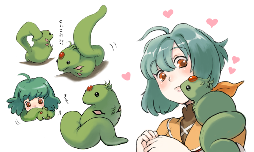ranka lee, macross, macross frontier, bad id, bad pixiv id, 00s, animal, blush, green hair, heart, red eyes