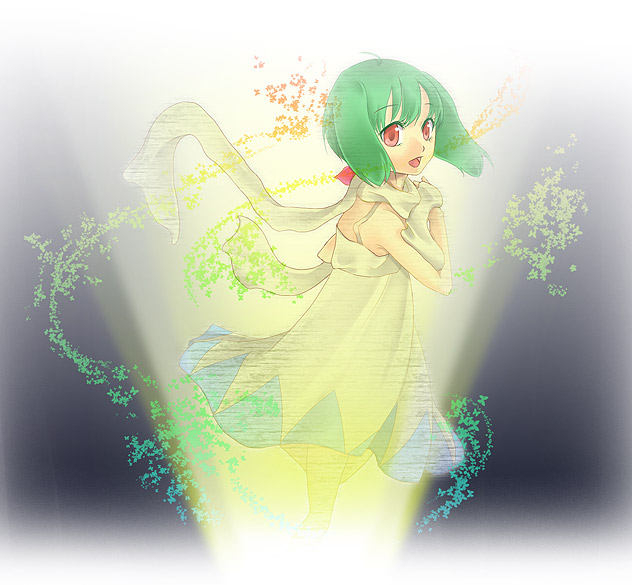 ranka lee, macross, macross frontier, light, 00s, bug, butterfly, green hair, insect, red eyes, solo