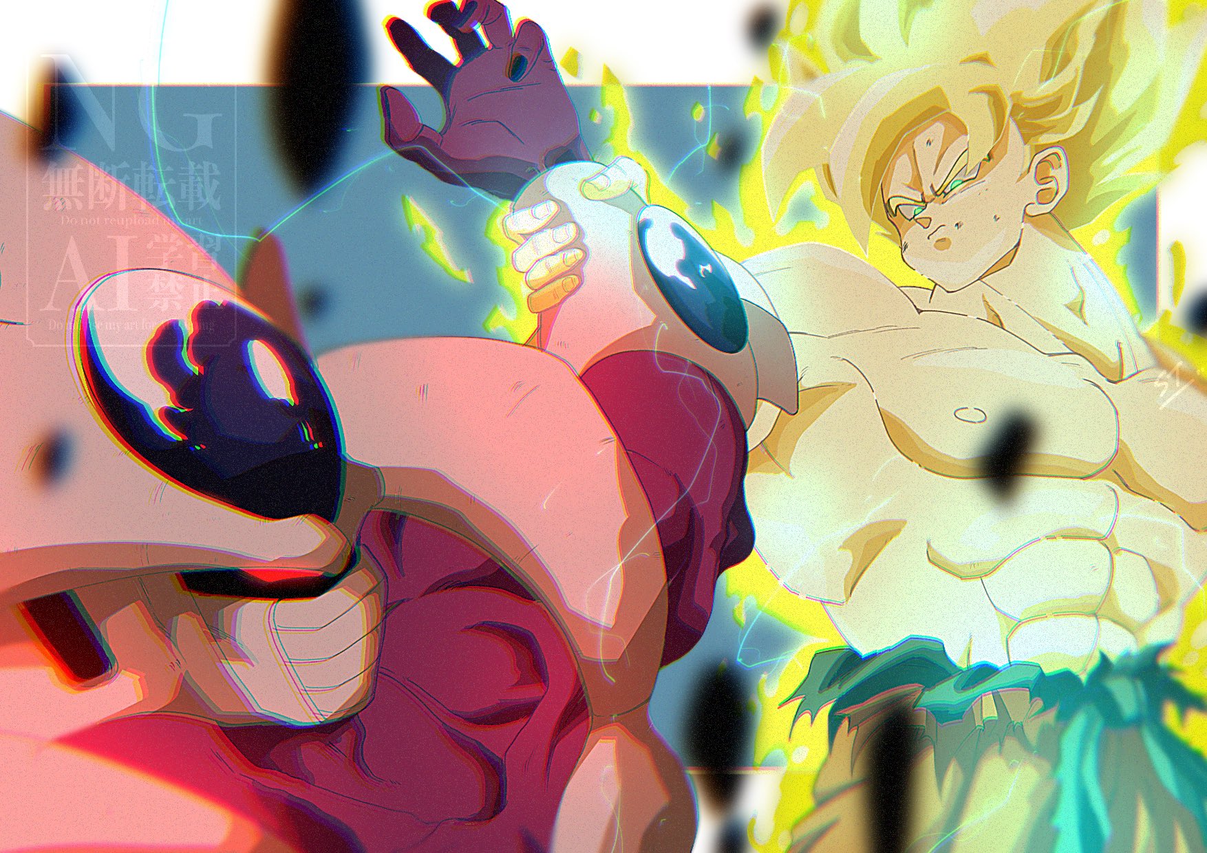 stktik09060906, cooler (dragon ball), son goku, dragon ball, dragonball z, highres, 2boys, aura, blonde hair, colored skin, debris, electricity, green eyes, holding another's wrist, male focus, medium hair, multiple boys, muscular, muscular male, purple skin, simple background, spiked hair, super saiyan, super saiyan 1, topless male
