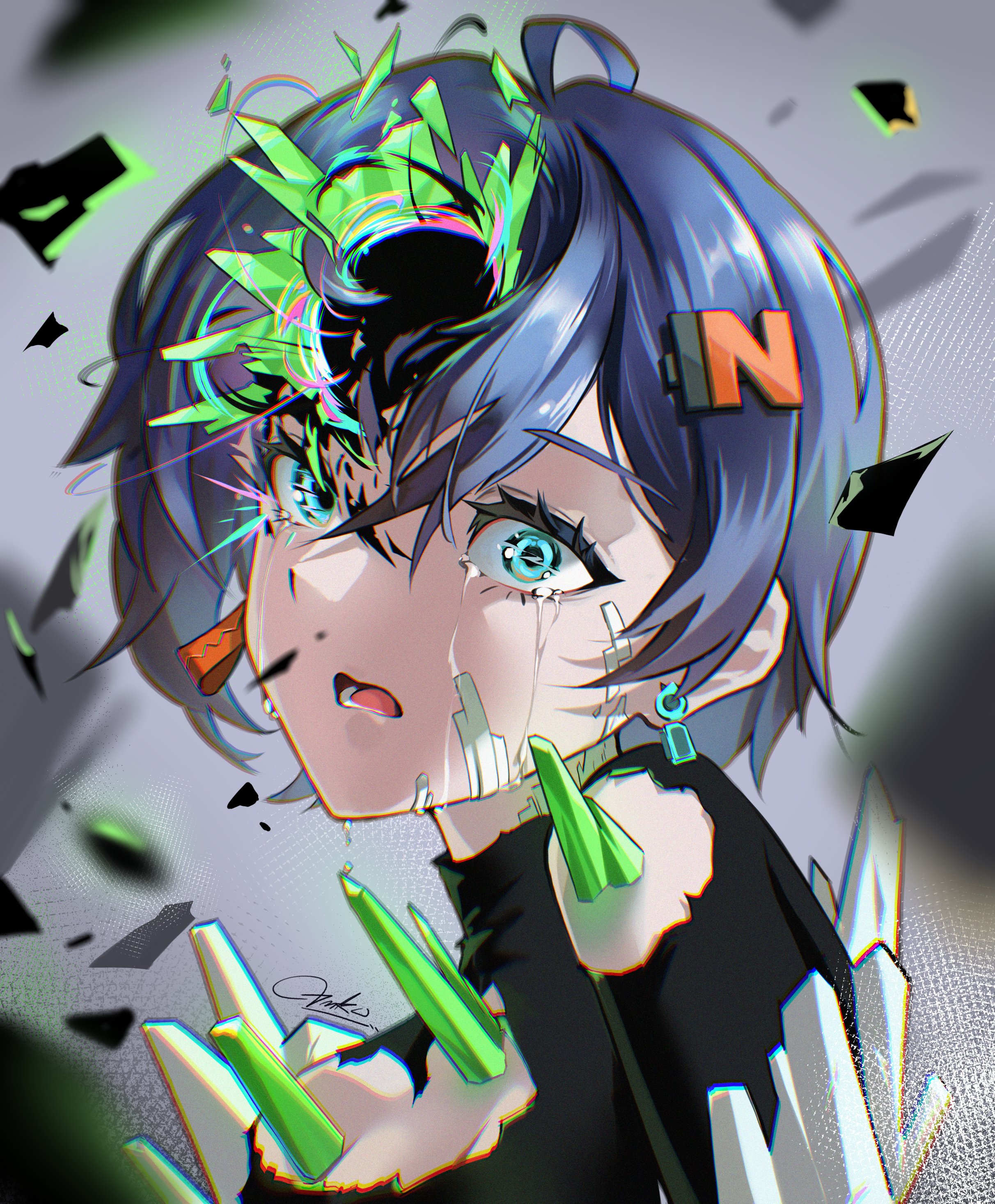 t3ku, belle (zenless zone zero), zenless zone zero, absurdres, commentary, highres, 1girl, aqua eyes, black shirt, blue hair, corruption, crying, crying with eyes open, hair ornament, letter hair ornament, looking at viewer, lower teeth only, open mouth, shirt, short hair, signature, solo, tears, teeth, torn clothes, torn shirt, upper body