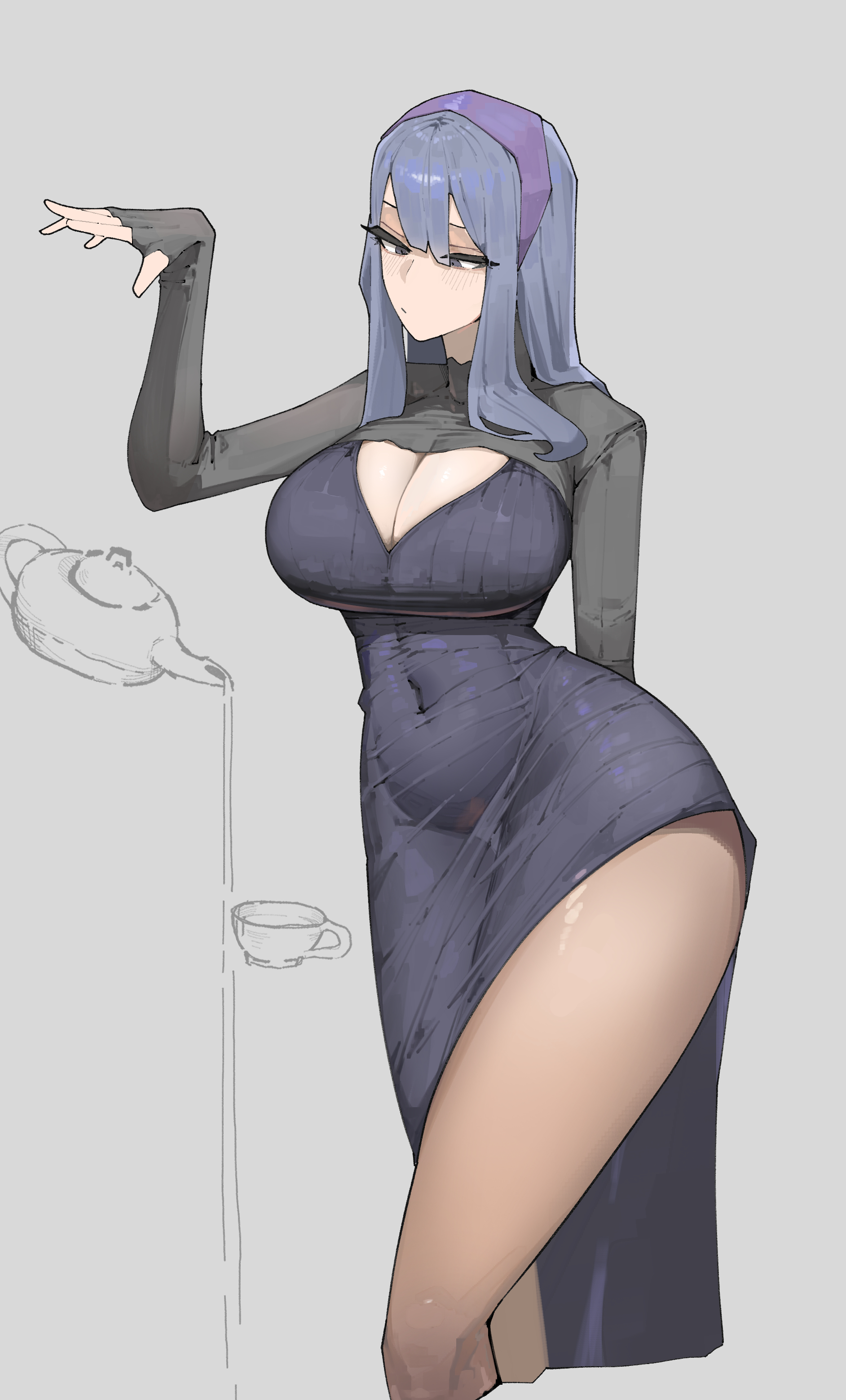 azz0422, original, absurdres, highres, 1girl, arm up, black shrug, blue dress, blue eyes, blue hair, breast cutout, breasts, covered navel, cup, dress, eyelashes, fingerless gloves, gloved sleeves, gloves, grey background, hair between eyes, hair over breasts, hair over shoulder, hairband, high collar, large breasts, long dress, long hair, looking at object, narrowed eyes, pantyhose, purple hairband, raised eyebrow, shrug (clothing), side slit, sidelocks, simple background, skin tight, solo, straight hair, teacup, teapot, telekinesis
