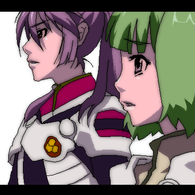 suzuki sakanaya, ranka lee, saotome alto, macross, macross frontier, suzuki, suzuki (company), lowres, 00s, 1boy, 1girl, green hair, ponytail, red eyes, short hair