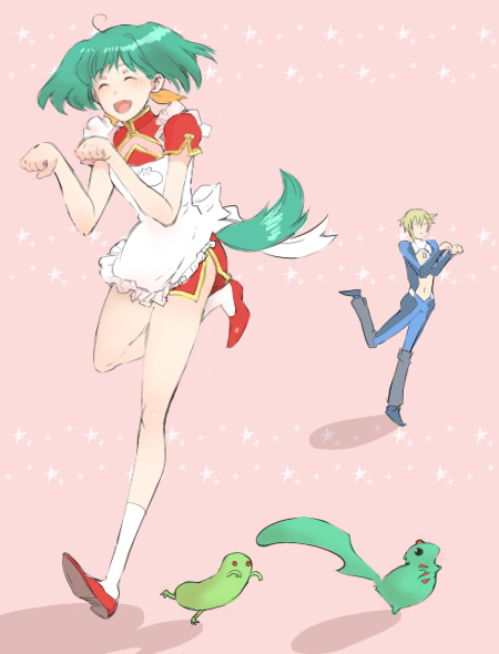 sabata yuki, tori, tori (driftwood), ai-kun, brera sterne, ranka lee, vajra (macross), macross, macross frontier, bad id, bad pixiv id, 00s, 1boy, 1girl, ahoge, alien, apron, brother and sister, china dress, chinese clothes, dancing, dress, green hair, legs, short hair, siblings, socks, star (symbol)