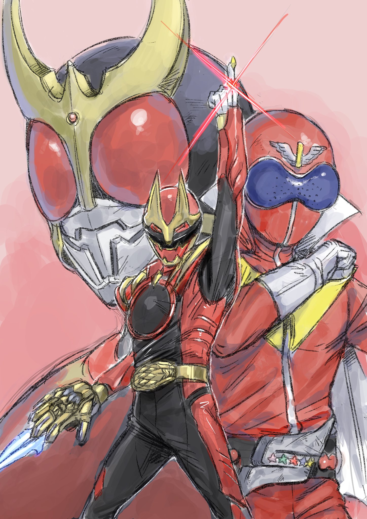 kuppipi ramutarou, aka ranger, gozyuwolf, kamen rider kabuto, himitsu sentai gorenger, kamen rider, kamen rider kabuto (series), no.1 sentai gozyuger, super sentai, highres, 3boys, arm up, armor, black bodysuit, bodysuit, cowboy shot, creator connection, crossover, helmet, in-franchise crossover, male focus, multiple boys, red armor, red background, red bodysuit, red helmet, sentai ring, simple background, solo focus, tega sword