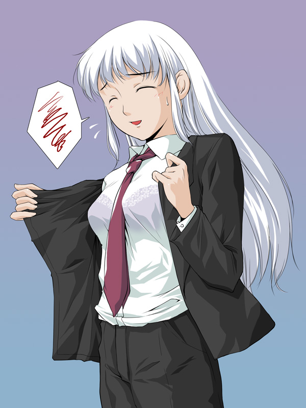kawamura tsukasa, 1girl, bra, closed eyes, female focus, formal clothes, lingerie, long hair, necktie, pant suit, pants, see-through clothes, solo, suit, underwear, white hair