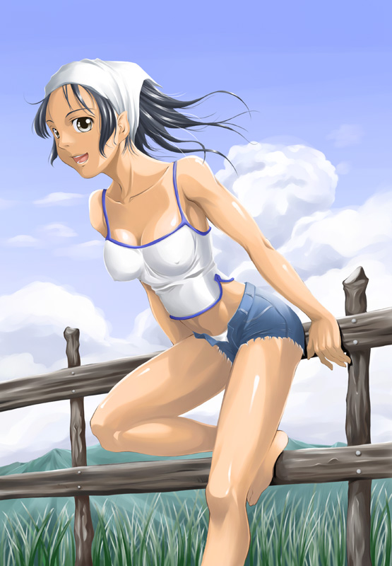 kawamura tsukasa, original, 1girl, against fence, barefoot, black hair, breasts, camisole, cleavage, cloud, covered erect nipples, day, denim, denim shorts, female focus, fence, grass, grey eyes, happy, headscarf, leaning forward, medium breasts, midriff, open mouth, panties, short hair, shorts, solo, underwear, unzipped, white headscarf, white panties