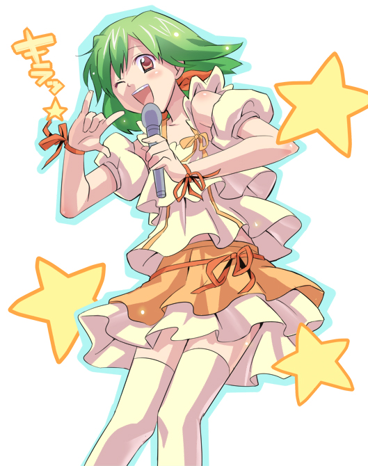 hikiyama towa, ranka lee, macross, macross frontier, 00s, m/, green hair, seikan hikou, short hair, solo, star (symbol)