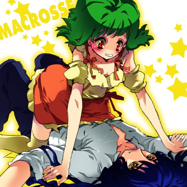 rugo, ranka lee, saotome alto, macross, macross frontier, bad id, bad pixiv id, 00s, 1boy, 1girl, green hair, long hair, star (symbol)