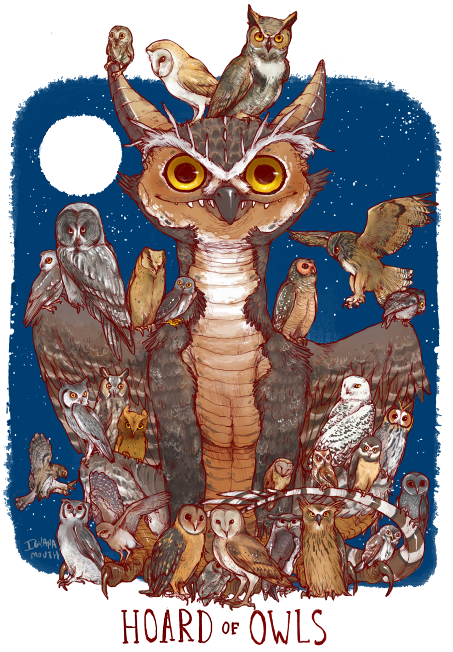 iguanamouth, original, highres, animal, animal on tail, artist name, barn owl, beak, bird, bird on back, bird on tail, blue background, blue sky, border, brown bird, closed mouth, colored sclera, creature, creature focus, dragon, english text, fantasy, flying, full moon, grey bird, looking at viewer, moon, night, no humans, owl, perching, sharp teeth, sitting, sky, snowy owl, spines, star (sky), starry sky, teeth, too many, too many birds, white bird, white border, yellow eyes, yellow sclera