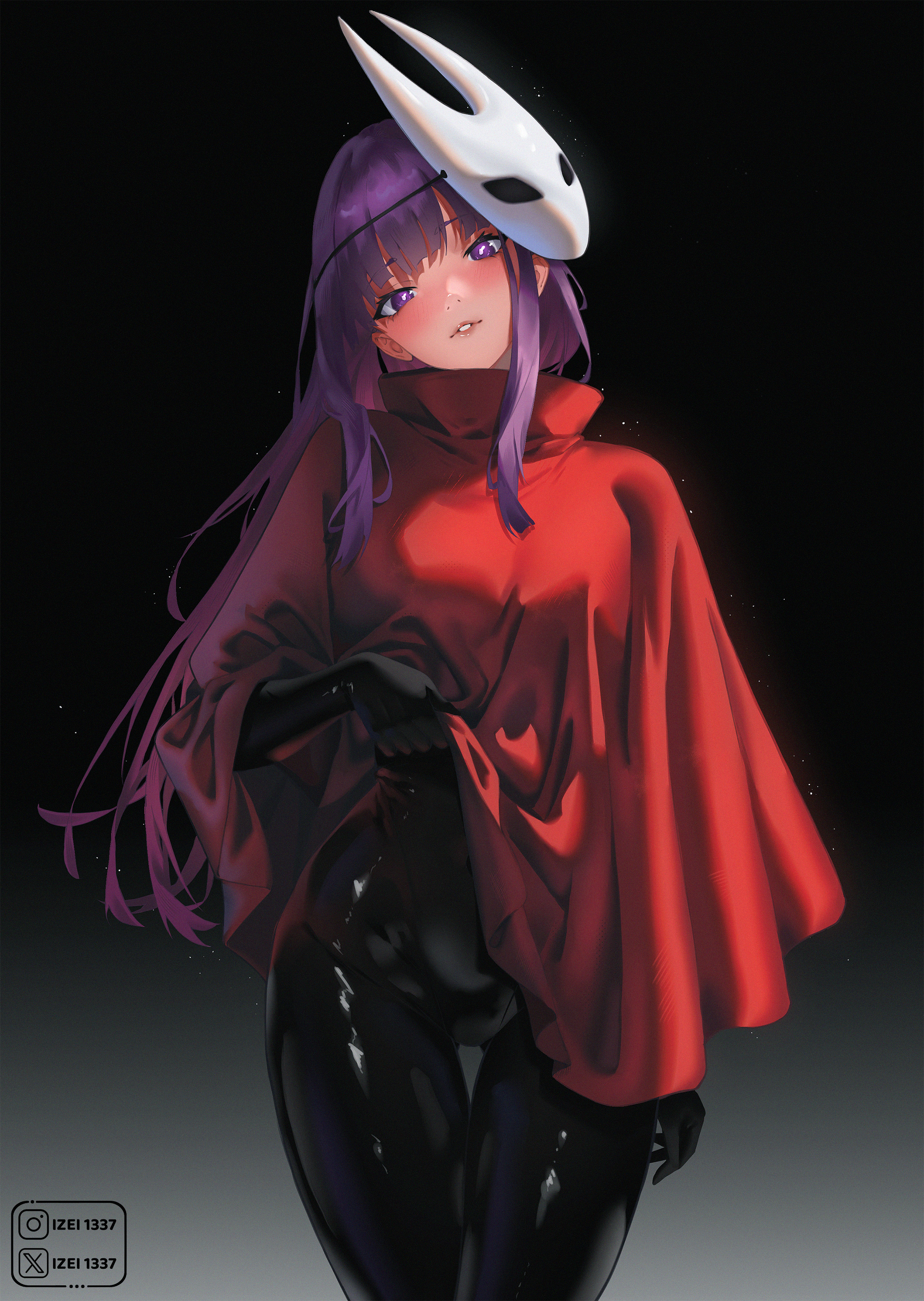 izei1337, fern (sousou no frieren), hornet (hollow knight), hollow knight, hollow knight: silksong, sousou no frieren, absurdres, highres, 1girl, black bodysuit, blunt bangs, blush, bodysuit, breasts, character mask, cloak, cosplay, cowboy shot, gluteal fold, gradient background, head tilt, horned mask, hornet (hollow knight) (cosplay), large breasts, latex, latex bodysuit, long hair, looking at viewer, mask, mask on head, parted lips, purple hair, red cloak, sidelocks, simple background, solo, thigh gap, white mask