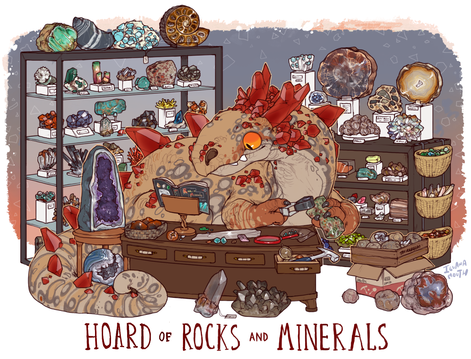 iguanamouth, malachite, original, commentary, commission, english commentary, alexandrite (gemstone), artist name, basket, black gemstone, blue gemstone, book, border, box, brown scales, cardboard box, colored sclera, creature, creature focus, crystal, crystal horns, desk, dragon, english text, fantasy, fossil, gem, geode, gradient background, green gemstone, grey background, hammer, horns, magnifying glass, no humans, open book, orange background, orange eyes, orange sclera, pink gemstone, purple gemstone, quartz (gemstone), reading, red gemstone, rock, sandstone, shelf, tag, teeth, turquoise (gemstone), white border, white gemstone, wooden box, yellow gemstone