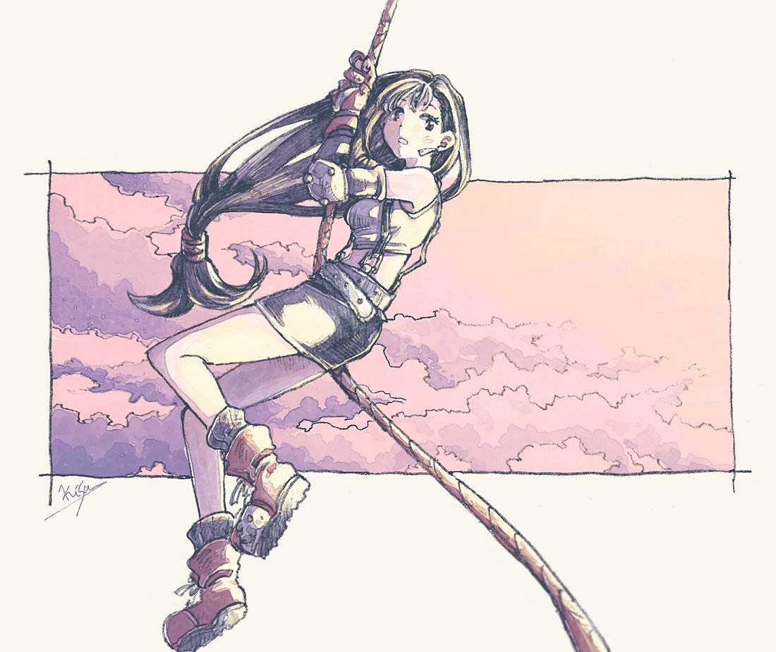 michibata 65, tifa lockhart, final fantasy, final fantasy vii, 1girl, bare legs, bare shoulders, belt, black hair, black skirt, black sleeves, black socks, boots, breasts, cloud, cloudy sky, crop top, detached sleeves, earrings, elbow pads, from side, gloves, holding, holding rope, jewelry, long hair, looking at viewer, looking to the side, low-tied long hair, miniskirt, outdoors, parted lips, pencil skirt, red boots, red gloves, rope, signature, single earring, single elbow pad, skirt, sky, socks, solo, suspender skirt, suspenders, tank top, white tank top