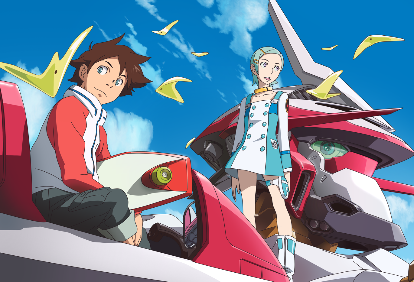 eureka (eureka seven), renton thurston, eureka seven, eureka seven (series), white footwear, 00s, 1boy, 1girl, blue sky, boots, brown hair, mecha, purple eyes, raglan sleeves, robot, sky, thigh strap