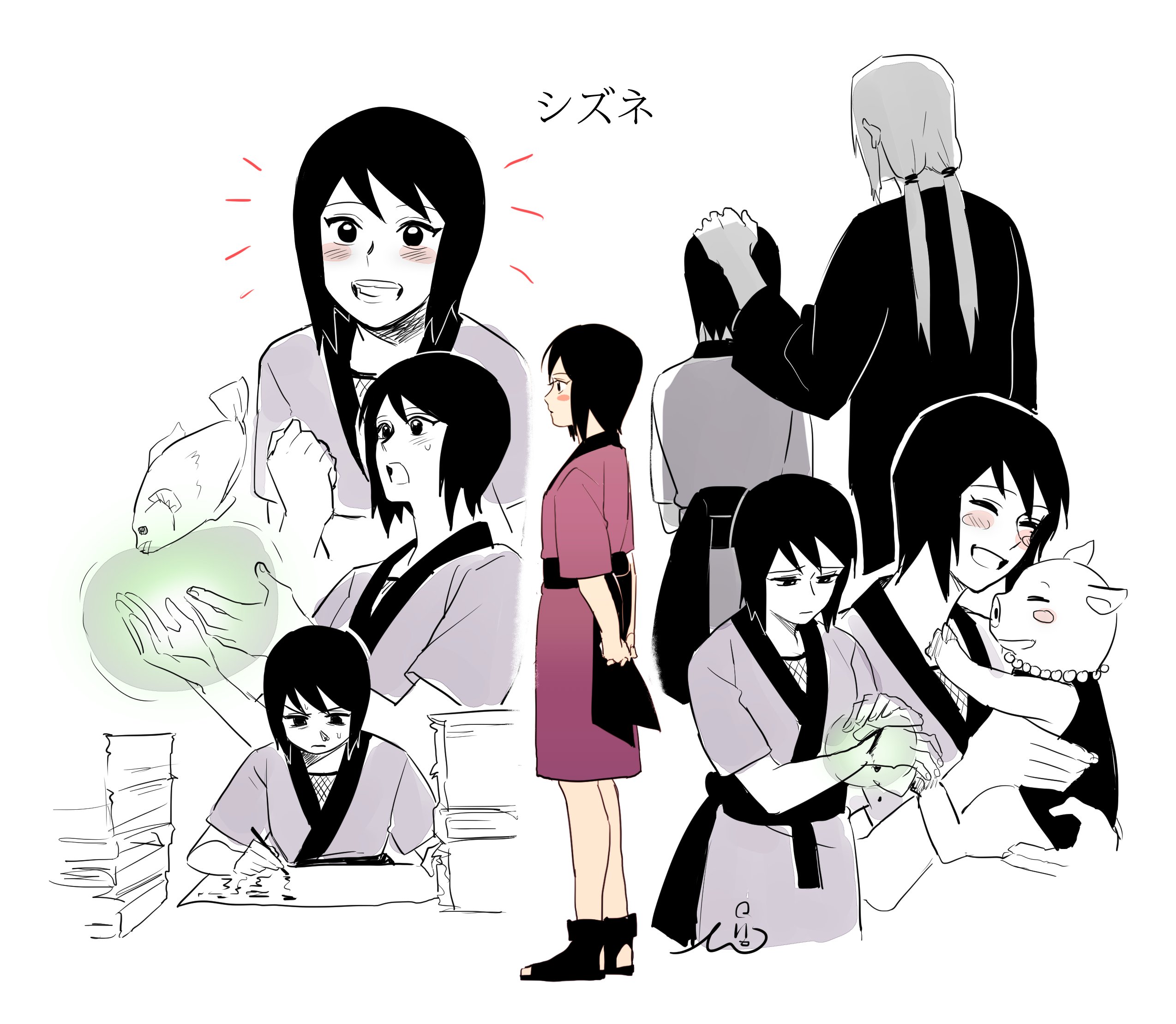 may c, shizune (naruto), tsunade (naruto), naruto (series), commentary request, highres, translated, 2girls, aged down, animal, arms behind back, blood, blush, calligraphy, fish, headpat, holding, holding animal, japanese clothes, low twintails, multiple girls, paper stack, partially colored, pig, signature, twintails, writing