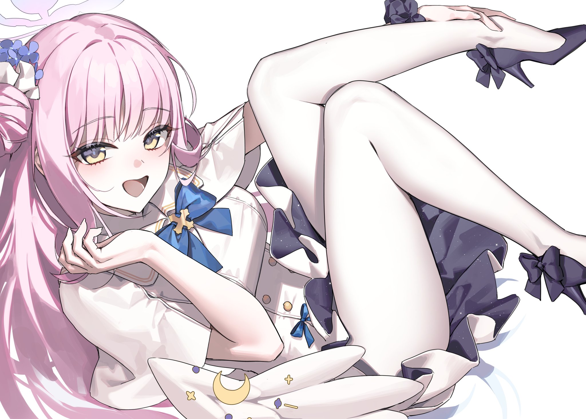 raki kr, mika (blue archive), blue archive, highres, 1girl, angel wings, blush, bow, breasts, dress, feathered wings, hair bun, halo, high heels, leg up, long hair, looking at viewer, low wings, open mouth, pantyhose, pink hair, pink halo, scrunchie, single side bun, smile, solo, white dress, white pantyhose, white wings, wing ornament, wings, wrist scrunchie, yellow eyes