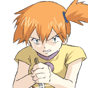 misty (pokemon), nintendo, pokemon, lowres, 1girl, alternate costume, female focus, gym leader, knife, oekaki, orange hair, side ponytail, simple background, solo, tears, yandere